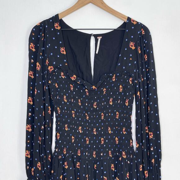 Free People Mini Dress Womens Size XS Black Two Faces Printed Long Bishop Sleeve - Picture 5 of 9